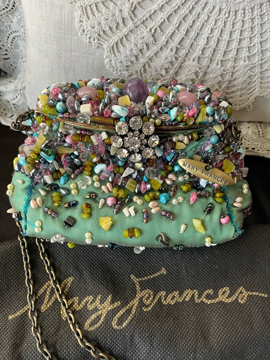 Mary Frances Handbags - Mary Frances Beaded Purse Sage Green with Pastel Accents, GUC Vintage